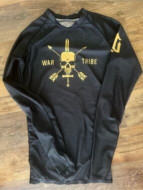 Men's Black Rash Guard with Gold 'War Tribe' Skull Graphic